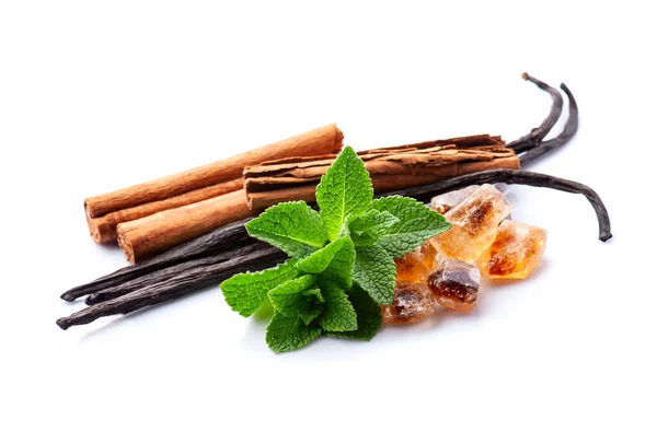 Aromatic Spices Cinnamon Vanilla Stick Mint White Backgrounds — Stock Photo, Image