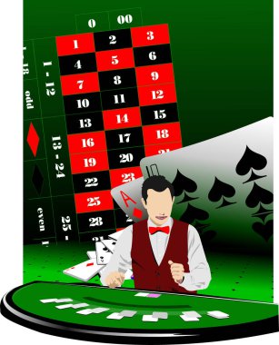 Kumarhane geçmişinde The Blackjack Table 'daki krupiye. 3d vektör illüstrasyonu
