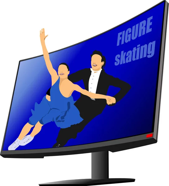 Płaski Monitor Komputerowy Łyżwami Figurowymi Pokaż Ilustracja — Wektor stockowy