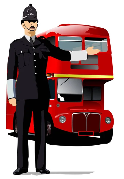 Londoner Polizist Und Roter Doppeldecker Vektor Illustration — Stockvektor