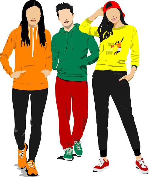 Three Young Athletes Sports Suit Two Girls Boy Vector Illustration — Stock Vector