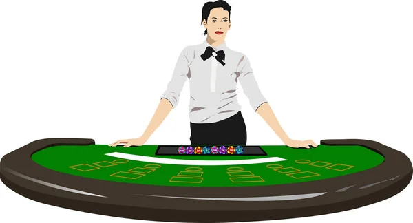 Donna Croupier Tavolo Del Casinò Illustrazione Vettoriale — Vettoriale Stock