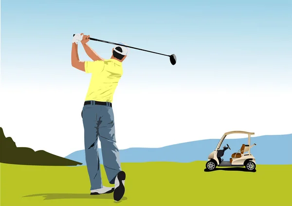 Golfclub Achtergrond Met Golfer Elektrische Auto Vector Illustratie — Stockvector