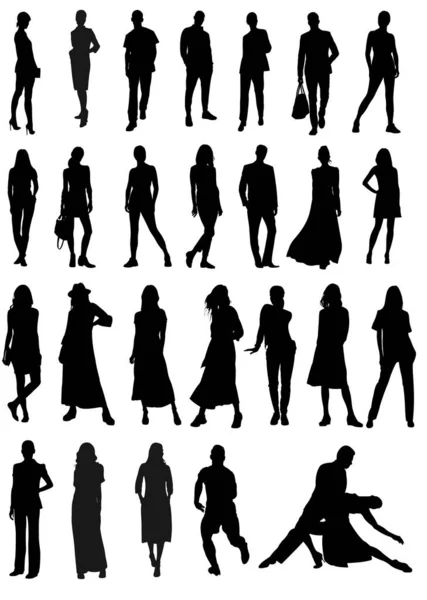 Большая Группа Людей Силуэты Vector Silhouettes — стоковый вектор