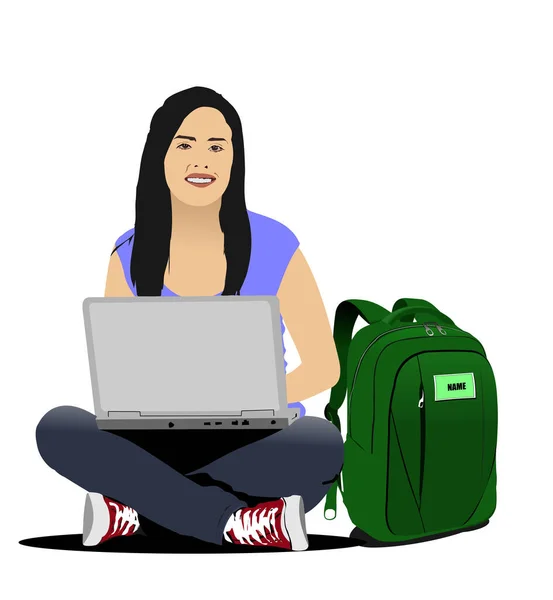 Egy Fiatal Lány Dolgozik Laptopon Vissza Iskolába Vektor Illusztráció — Stock Vector