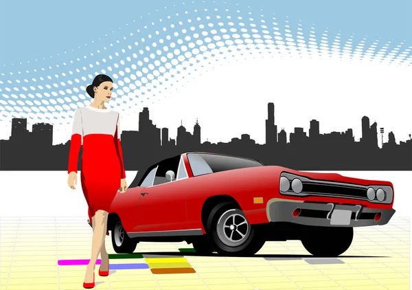 Σπάνιο Αυτοκίνητο Και Γυναίκα Μόδας Στο Φόντο Της Πόλης Εικονογράφηση — Διανυσματικό Αρχείο