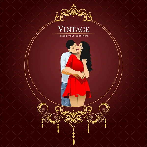 Invito Biglietto Epoca Con Coppia Baci Matrimonio San Valentino Illustrazione — Vettoriale Stock