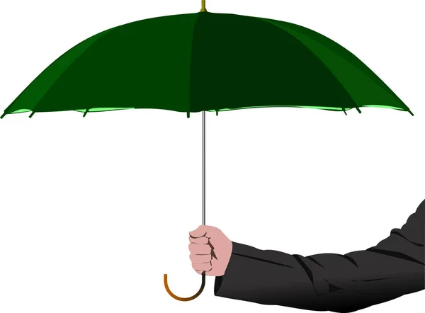 Människans Arm Med Grönt Paraply Vektor Färg Illustration — Stock vektor