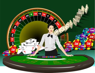 Blackjack masası ve kumarhane elemanları, kadın krupiye imajı. 3d vektör illüstrasyonu