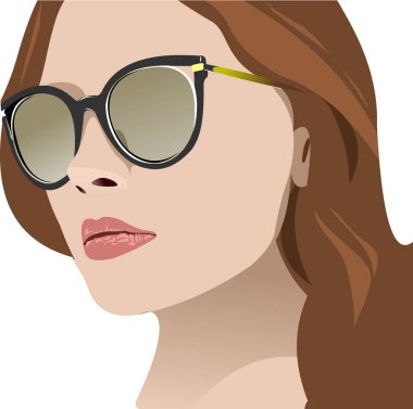 Güneş gözlüklü bir kadın yüzü. 3d vektör renk çizimi