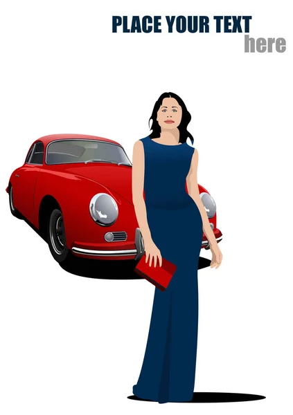 Red Car Road Woman Image Vector Illustration — Stock Vector