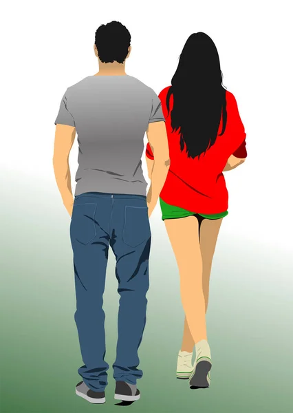 Couple Young People Walking Road Vector Illustration — Stock Vector