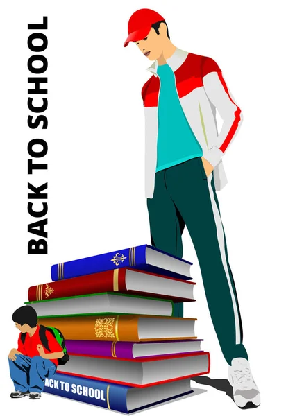 Regreso Escuela Con Colegial Pila Libros Imagen Gigante Ilustración Vectorial — Vector de stock