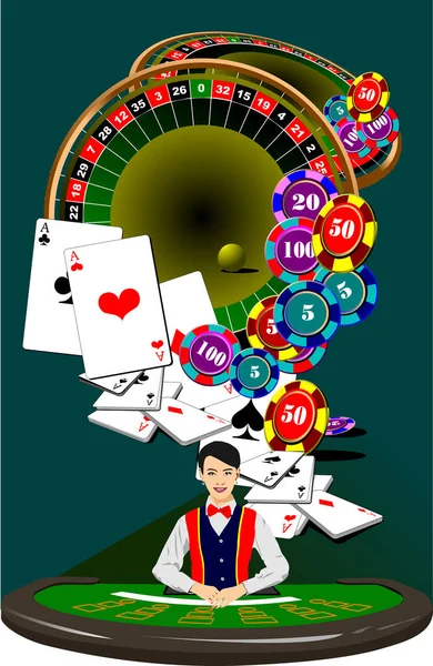 Table Roulette Éléments Casino Avec Image Croupier Illustration Vectorielle — Image vectorielle