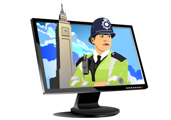 Abstrakte Londoner Polizistin Mit Walkie Talkie Radio Computerdisplay Vektor Illustration — Stockvektor