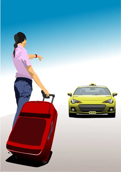 スーツケースを着た少女がタクシーを止める 3Dベクトルカラーイラスト — ストックベクタ