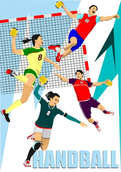 Set Von Trainierenden Handballspieler Silhouette Farb Vektor Illustration — Stockvektor