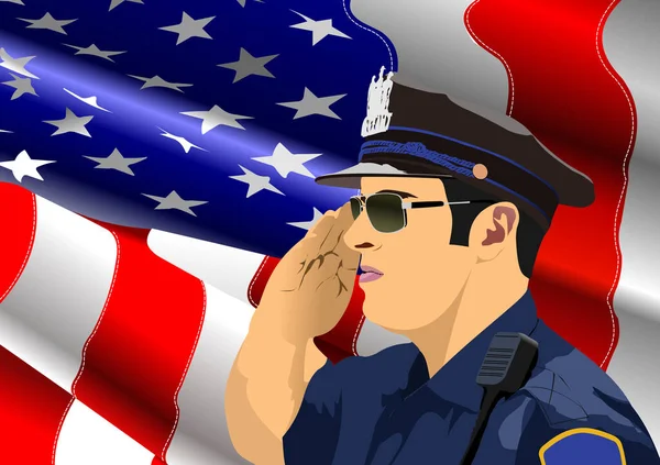 Poliziotto Con Radio Walkie Talkie Sfondo Bandiera Americana Illustrazione Vettoriale — Vettoriale Stock