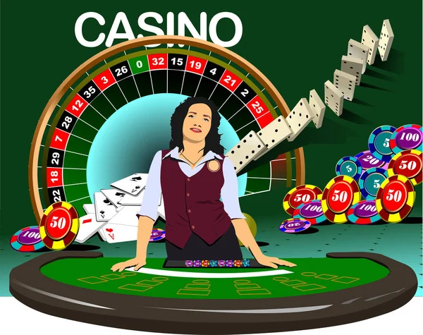 Woman Croupier Casino Table Vector Illustration — стоковий вектор