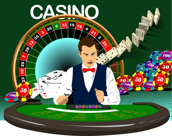 Man Croupier Casino Table Vector Illustration — стоковий вектор