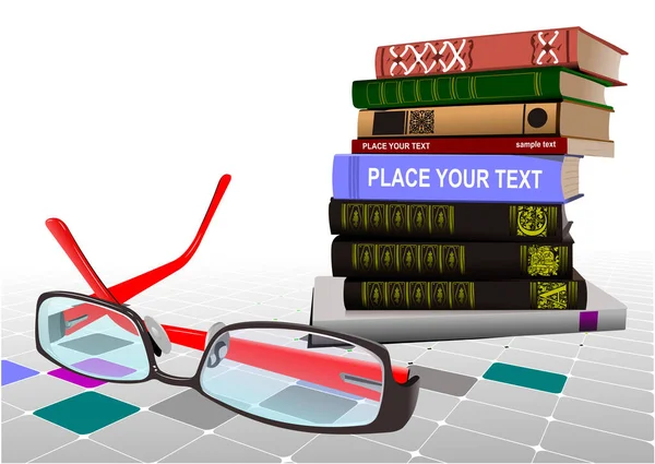 回学校去一堆堆印有眼镜图像的书 3D矢量说明 — 图库矢量图片