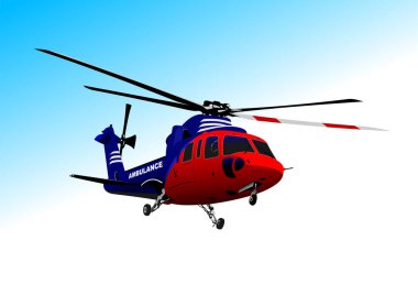 Ambulans kırmızı-mavi helikopter. Vektör 3d illüstrasyon