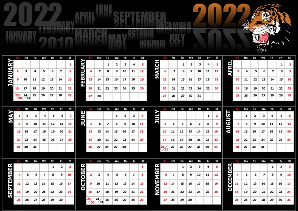 Calendario 2022 Año Del Tigre Ilustración Color Vectorial — Vector de stock