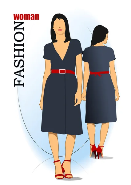 Joven mujer de moda en vestido azul. Ilustración vectorial — Vector de stock