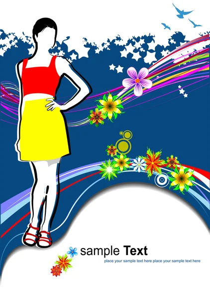 Young woman in red-yellow dress on summer background — Stock Vector