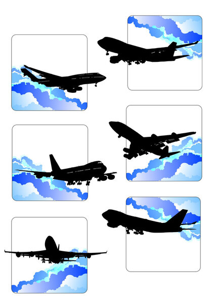 Six icons with airplane silhouettes. Vector illustration. 