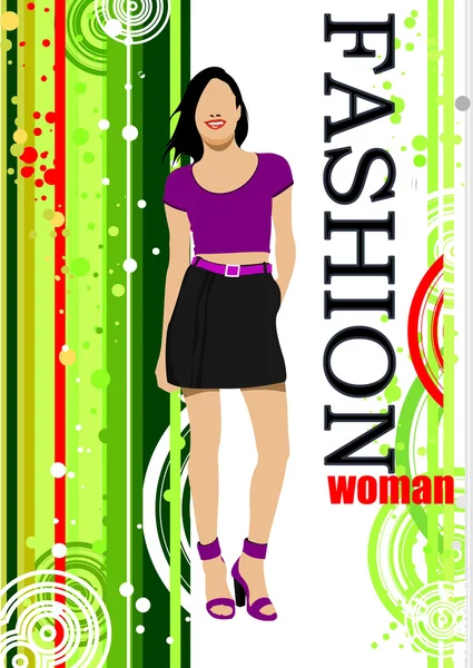 Young woman on green stripped background. Vector illustration — 图库矢量图片