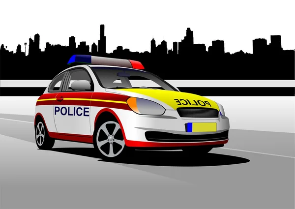 Polizeiwagen im Hintergrund des Stadtpanoramas. Vektorillustration. — Stockvektor