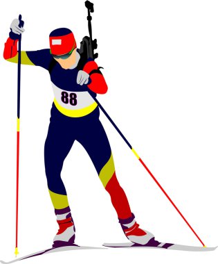Biatlon koşucusu renkli siluetler. Vektör illüstrasyonu