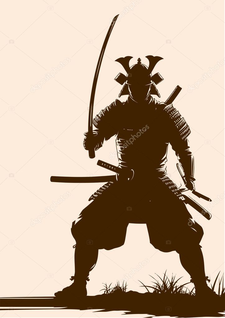 Samurai warrior silhouette standing ready for battle, upholding bushido philosophy