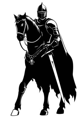 Atın üstünde zırhlı bir şövalye, kılıçla savaşa hazır.