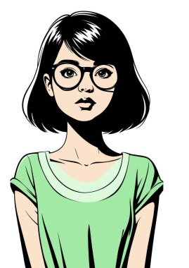Yuvarlak gözlük takan genç bir kızın çizgi film tarzı portresi.