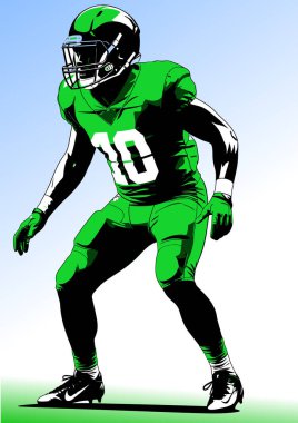 Yeşil üniformalı Amerikalı futbolcu, hazır pozisyonda duruyor.