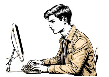 Genç adam dijital çalışmayı ve öğrenmeyi temsil eden bir bilgisayara odaklanmış.