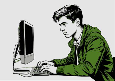 Genç adam bir klavyeye konsantre oluyor ve daktilo ediyor, bilgisayar üzerinde çalışıyor.