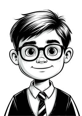 Gözlüklü ve okul üniformalı genç bir çocuk. Düşünüyor ya da öğreniyor.