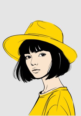 Sarı şapkalı ve parlak sarı bluzlu minimalist pop sanat tarzında bir kadın.