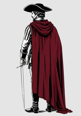 Kırmızı pelerinli, kılıç tutan, macera ve tarihi resmeden silahşör karakteri.