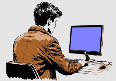 Masaüstü bilgisayarı kullanan, işe veya çevrimiçi etkinliğe odaklanmış kişi