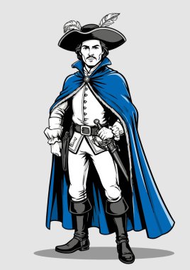 Ayakta duran, elinde kılıçla tüylü bir şapka takan gösteriş meraklısı bir adam.