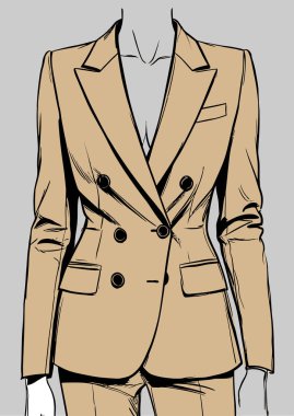 Modern bej takım elbise giymiş profesyonel bir kadını gösteren stilize bir resim.