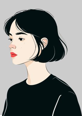 Kısa kesimli ve kırmızı rujlu bir kadın minimalist bir illüstrasyona bakıyor.