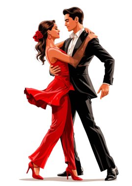 Tutku ve romantizmle dans eden çift şık resmi kıyafetler giyer.