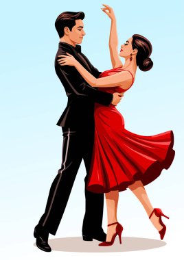 Zarif ve tutkulu dans eden çift, resmi kıyafetler ve kırmızı elbise giyiyorlar.