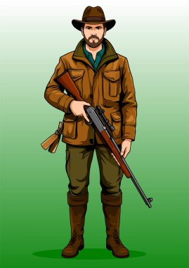 Avcı adam bir şapka, ceket, pantolon ve bot giyiyor, elinde bir tüfek tutuyor.