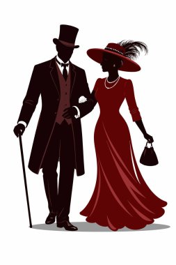 Viktorya dönemi çifti birlikte yürüyor, romantizmi ve klasik modayı simgeliyor.